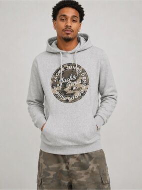 Jack & Jones Light Grey Hoodie with Camo Logo Patch Casual Streetwear Sz Medium